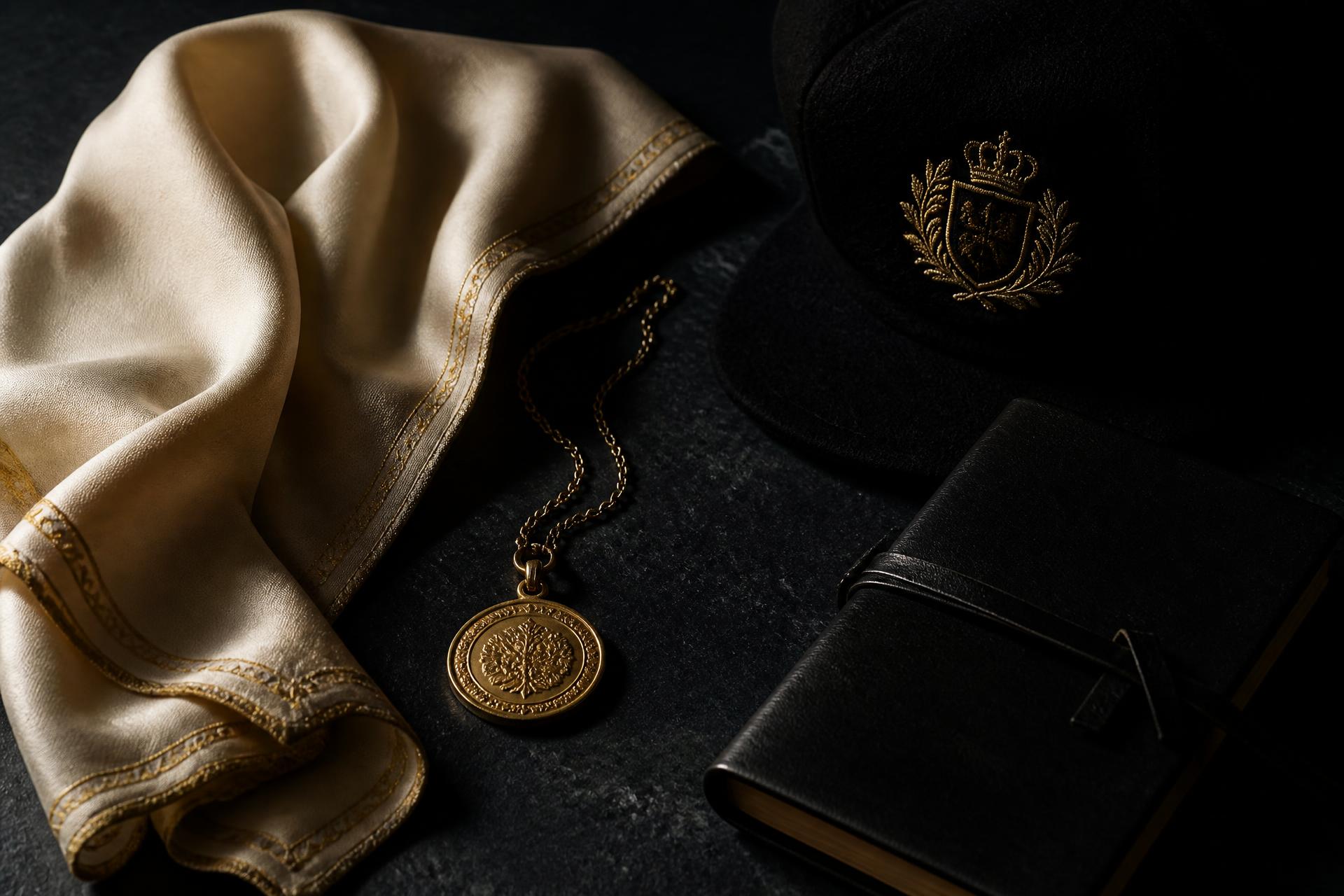 Silk scarf, medallion, cap and journal arranged on obsidian stone