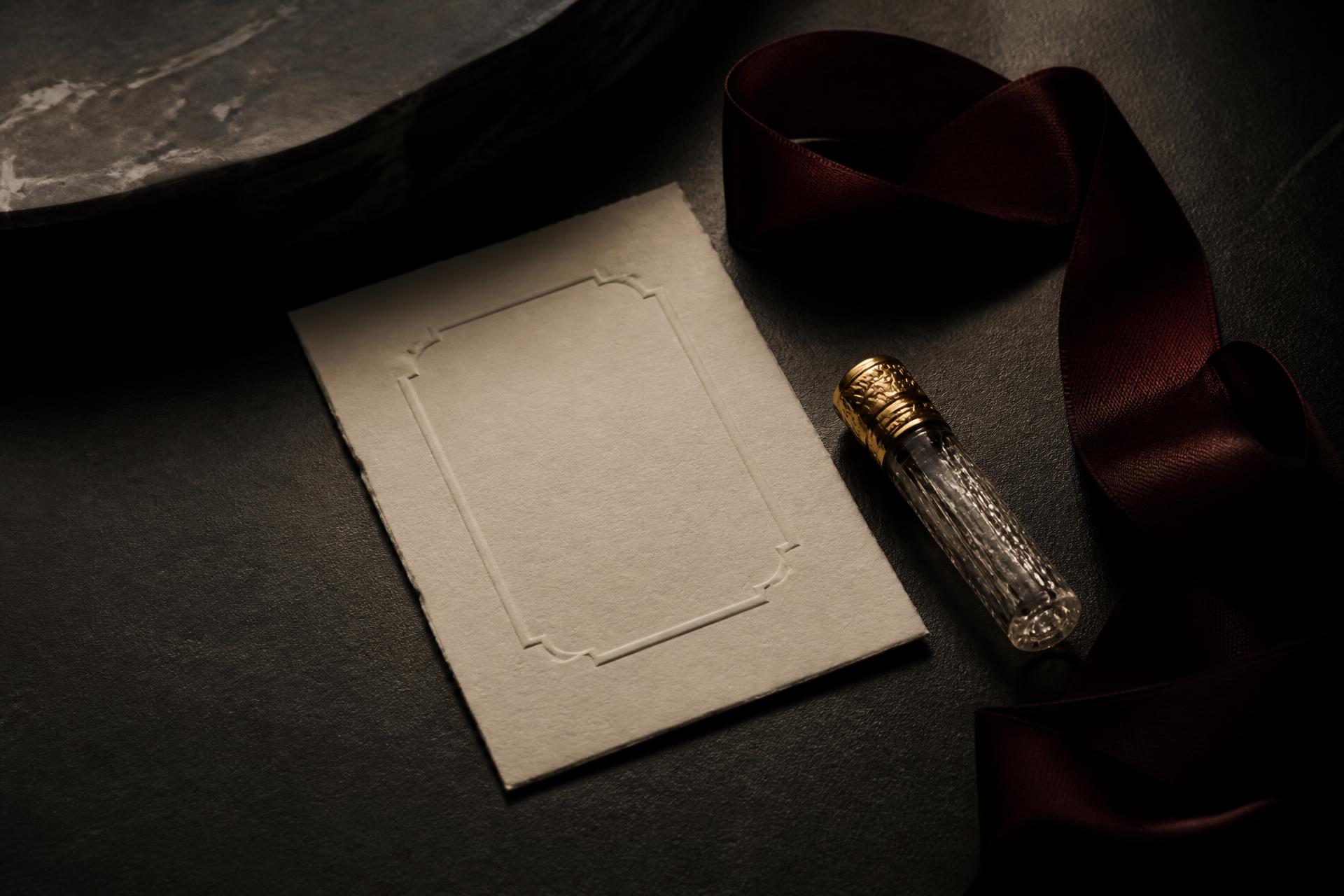 5ml discovery vial, letterpress card and burgundy silk ribbon