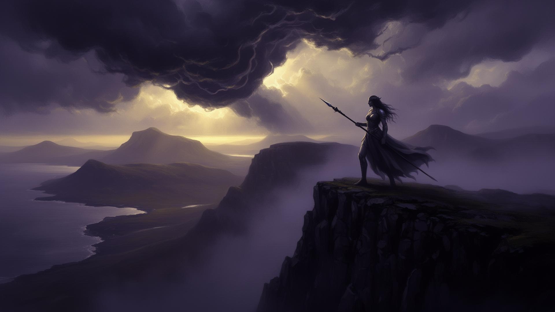 Mythic warrior queen Scáthach standing on a misted Isle of Skye cliff at dawn