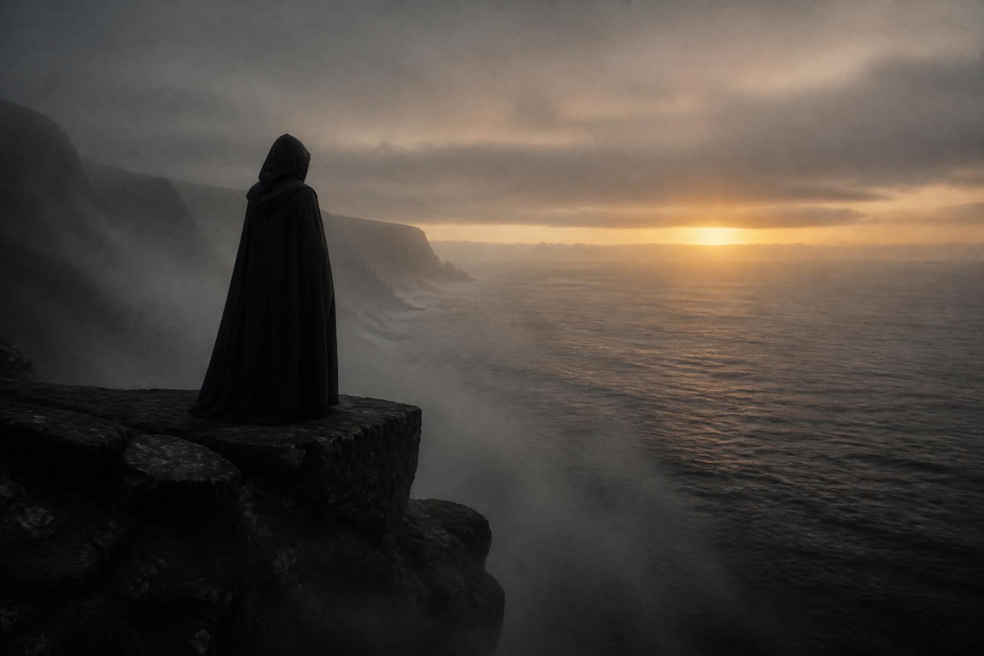 A lone figure on the misted cliffs of the Isle of Skye at dawn