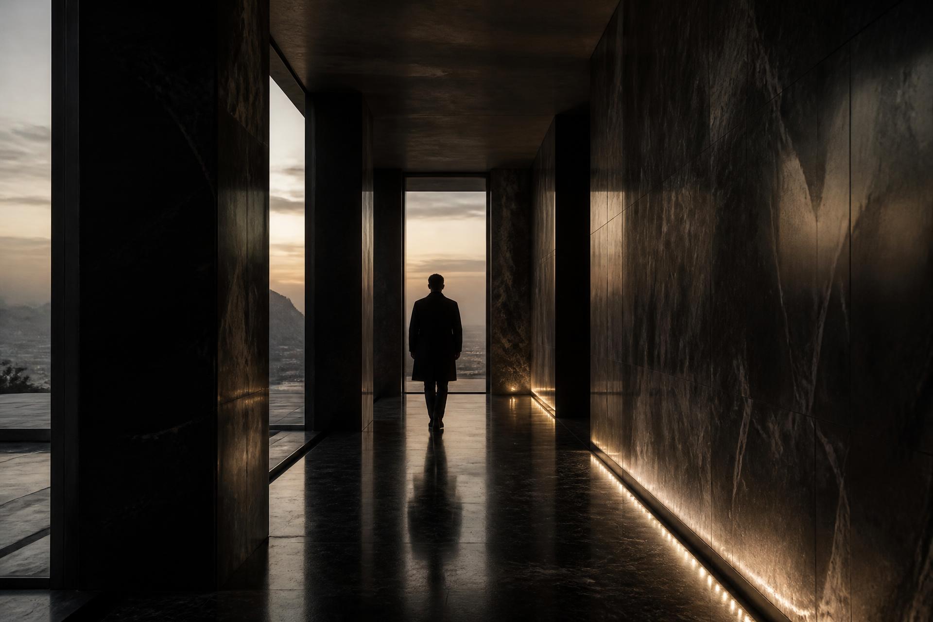 Solitary silhouette in a dark marble corridor at dusk